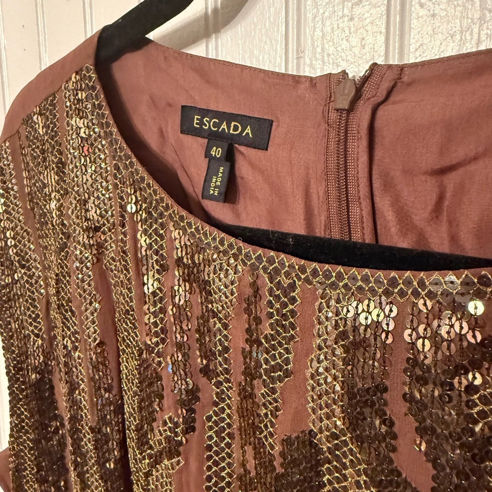 Escada 100% Silk Brown and Gold Sequin Blouse - Picture 2 of 6